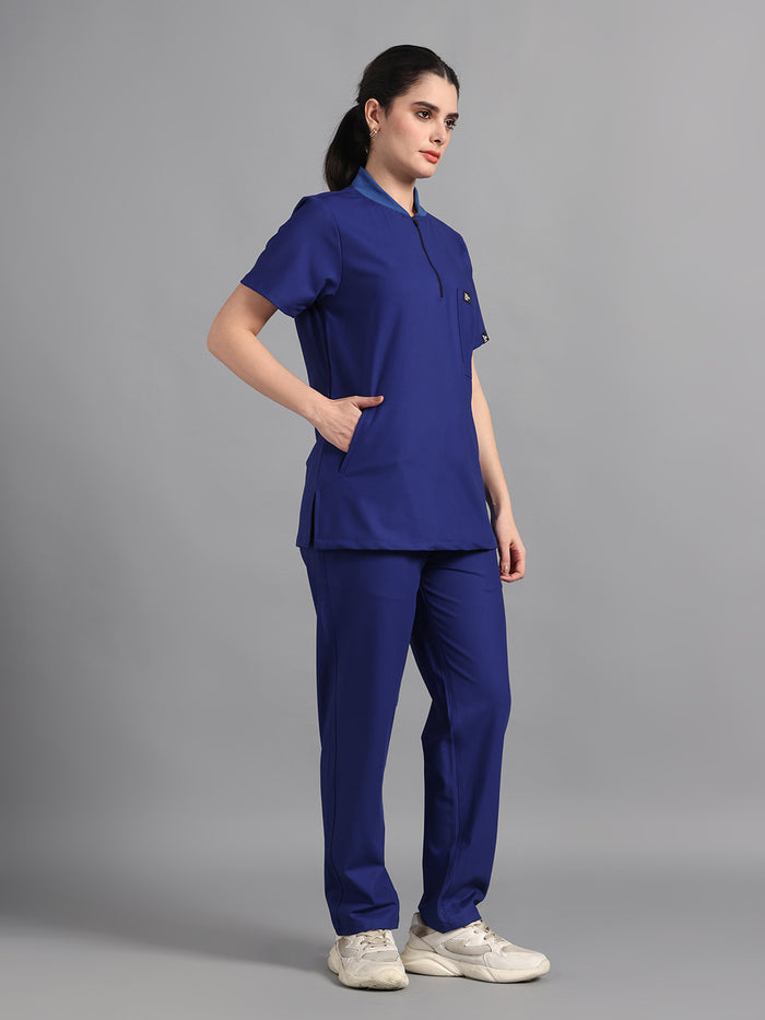 Stretchable (4Way) Royal Blue Women Flex Zip Neckline Top With Straight Pants