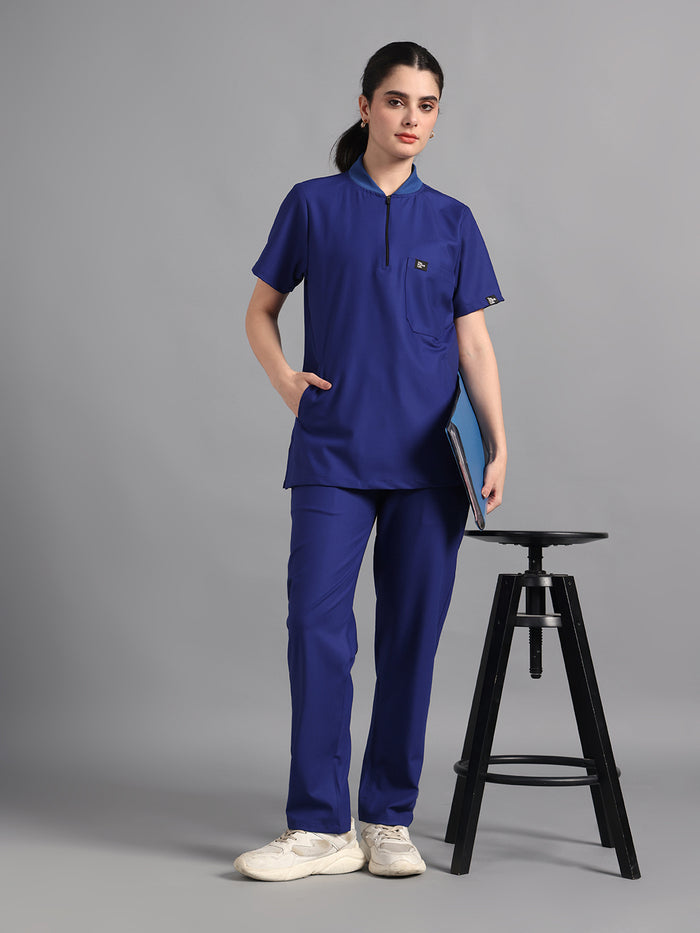Stretchable (4Way) Royal Blue Women Flex Zip Neckline Top With Straight Pants