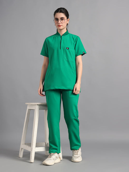Stretchable (4Way) Sea Green Women Flex Zip Neckline Top With Straight Pants