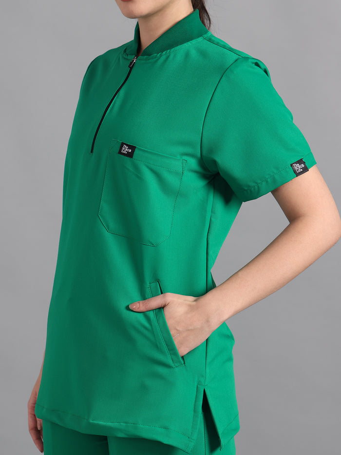 Stretchable (4Way) Sea Green Women Flex Zip Neckline Top With Straight Pants