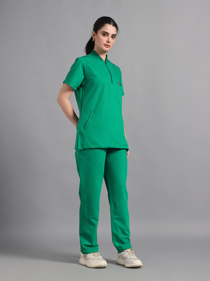 Stretchable (4Way) Sea Green Women Flex Zip Neckline Top With Straight Pants