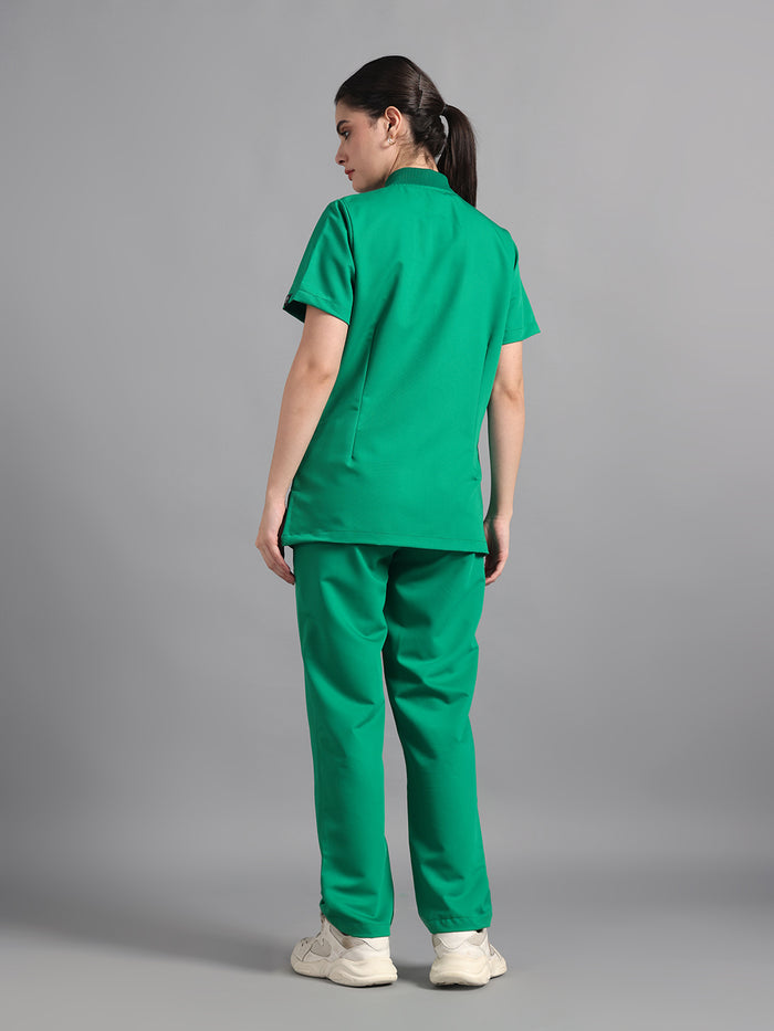Stretchable (4Way) Sea Green Women Flex Zip Neckline Top With Straight Pants
