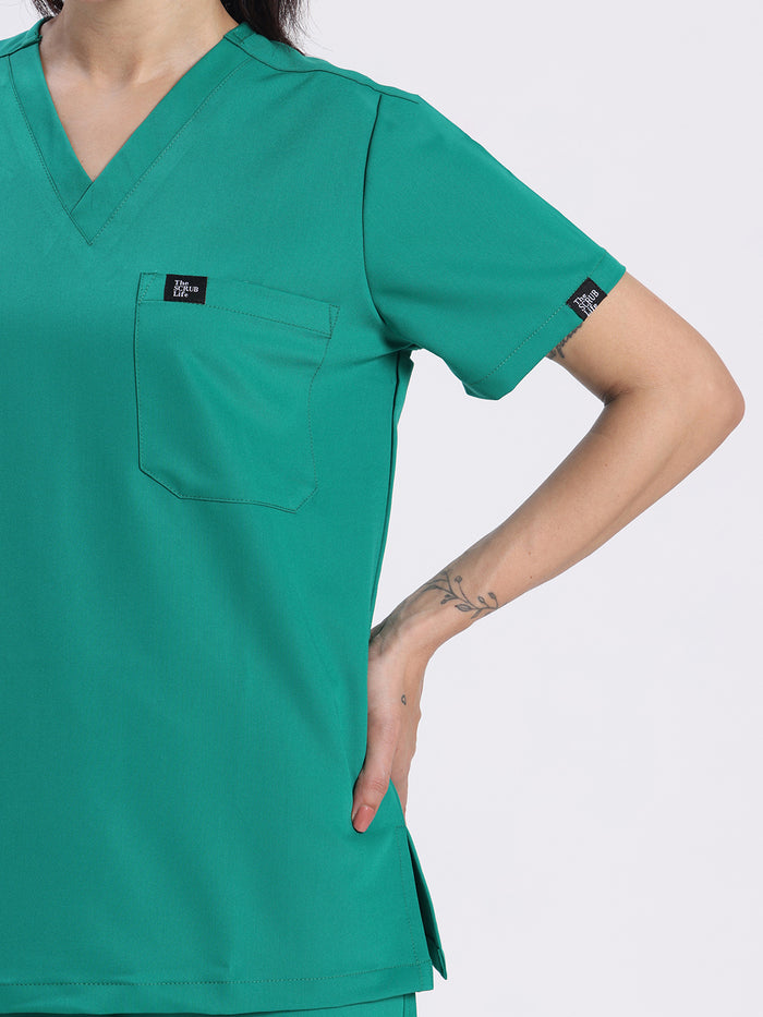 Stretchable (4Way) Women Sea Green V-Neck Scrub Top