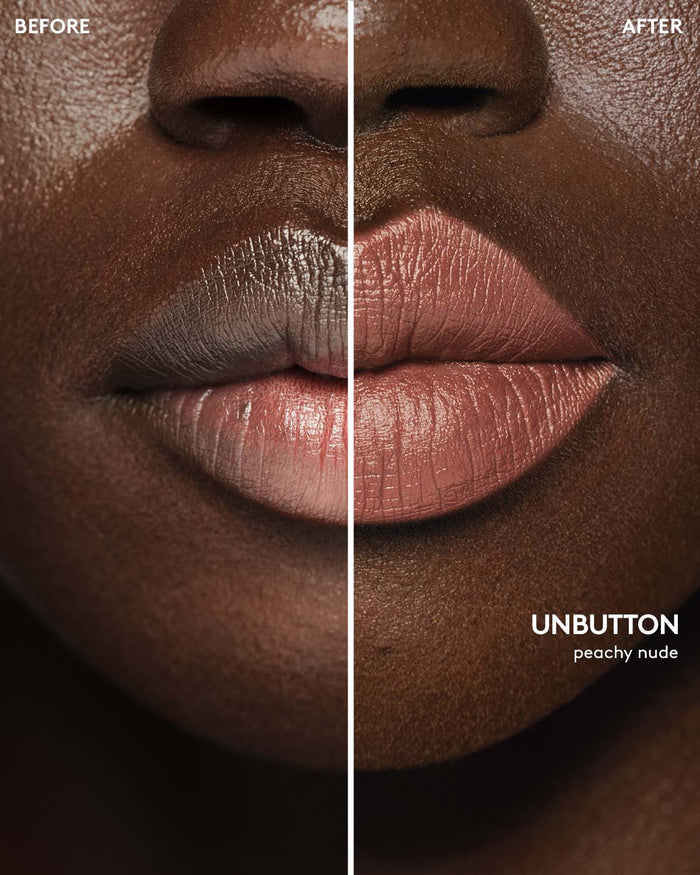 before and after of deep skin toned model wearing stunna lip paint in shade unbutton