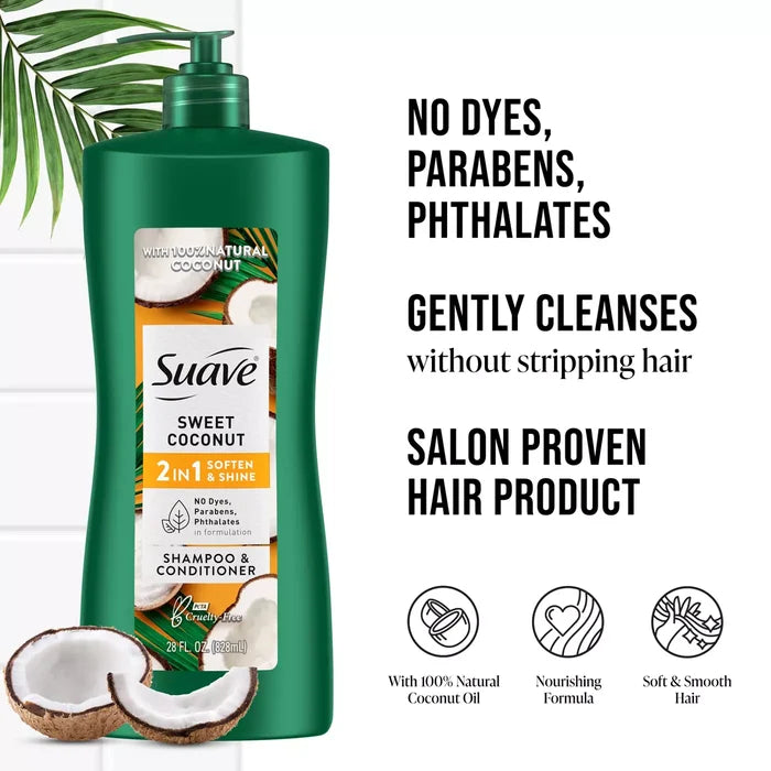 SUAVE 100% Natural Sweet Coconut 2 in 1 Soften & Shine Shampoo + Conditioner شامبو وبلسم سواف بجوز الهند الطبيعي 2 في 1 لتنعيم ولمعان الشعر