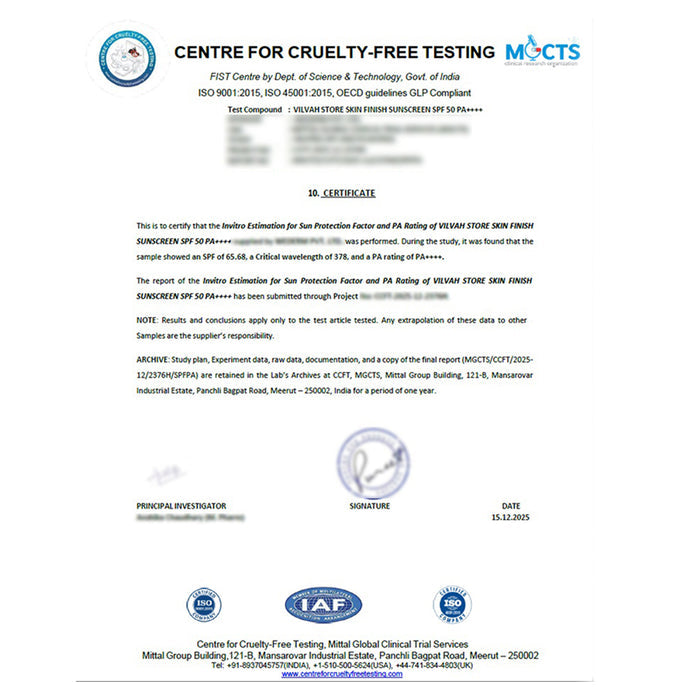 cruelty free testing for vilvah skin finish suncreen spf 50+
