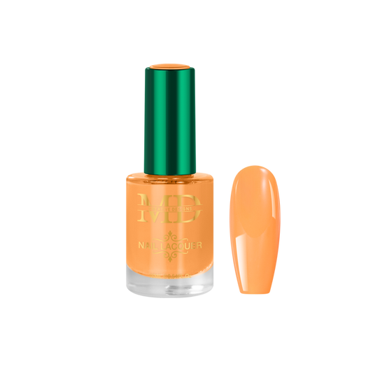 Orange nail polish bottle with green cap on a white background