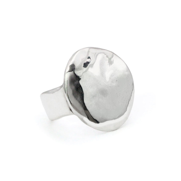 Silver hammered coin-style ring with round face and smooth band