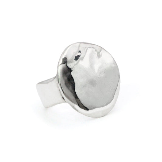 Silver hammered coin-style ring with round face and smooth band