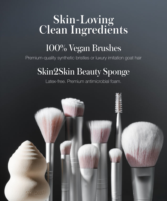 Close-up of clean beauty brushes with synthetic bristles and a latex-free Skin2Skin Beauty Sponge, featuring premium-quality tools designed for The Artist Toolkit.