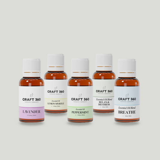 A collection of 5 bottles of Essential Oils from Craft 360 for daily use.