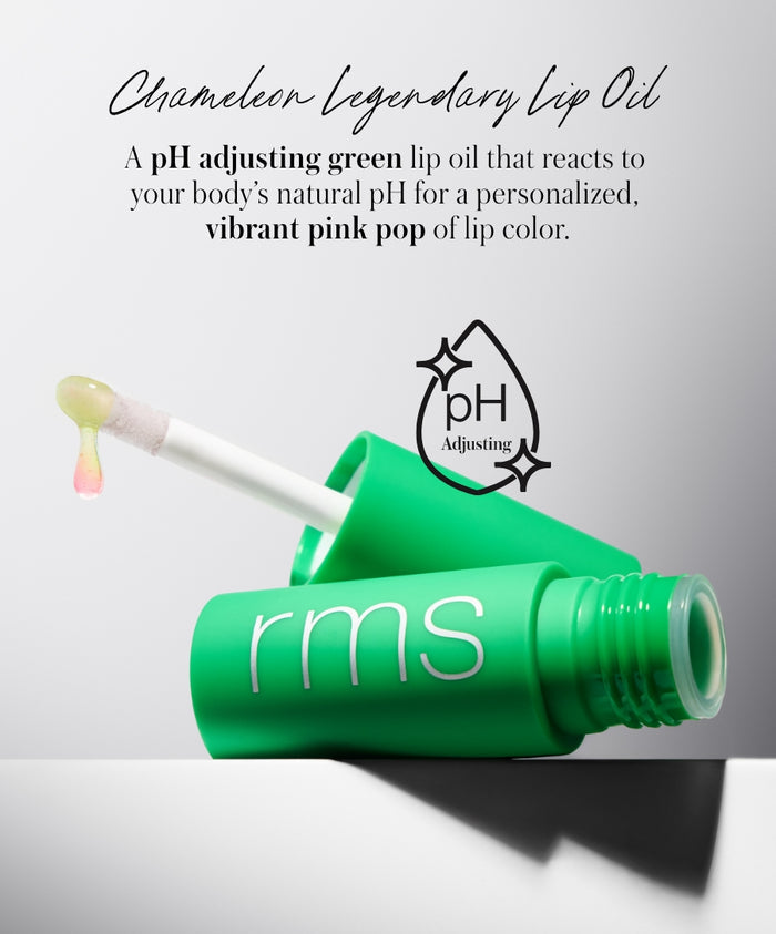 The Mini Lip Oil Trio pH adjusting green lip oil with applicator, showing a drop of product highlighting its personalized vibrant pink color effect and clean beauty attributes.