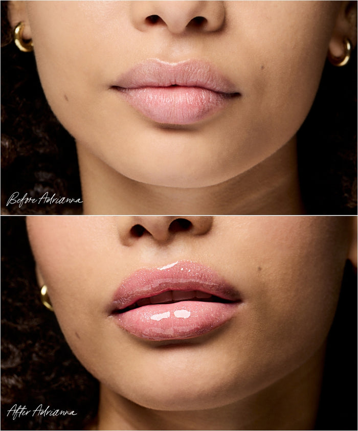 Close-up comparison of lips before and after application showing natural, glossy hydration and subtle color enhancement using The Mini Lip Oil Trio.
