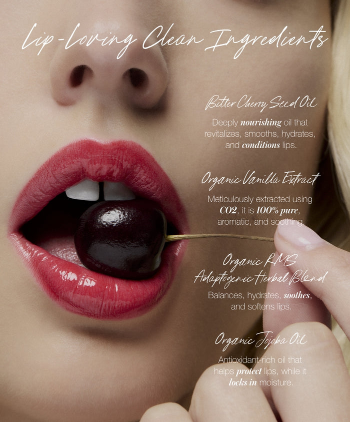 Close-up of a person with glossy red lips holding a cherry by the stem, highlighting lip-loving clean ingredients including butter cherry seed oil, organic vanilla extract, adaptogenic herbal blend, and organic jojoba oil for The Mini Lip Oil Trio.