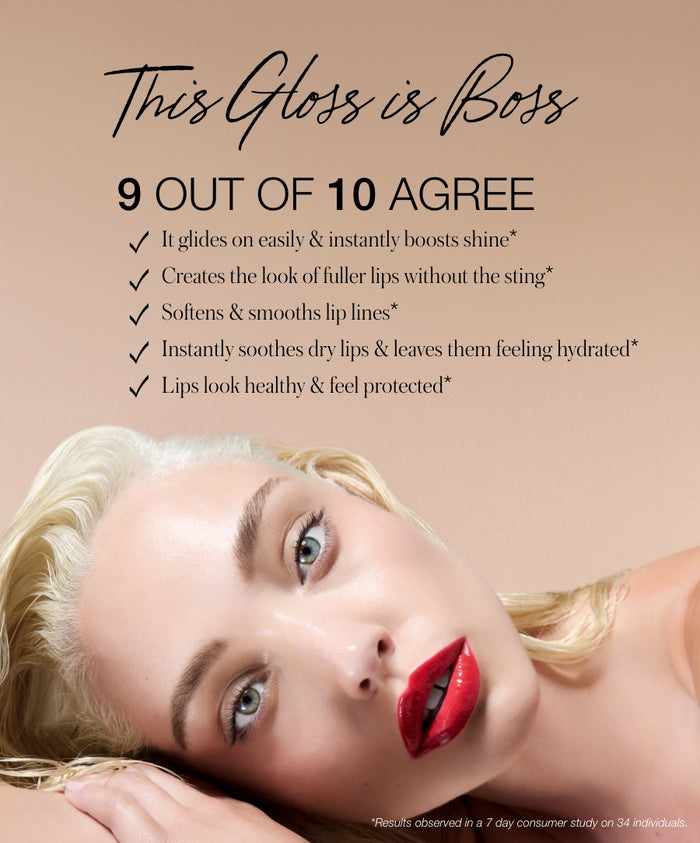 Woman with glowing skin and bold red lips showcasing The Mini Lip Oil Trio, with text highlighting its benefits like boosting shine, hydrating lips, and smoothing lip lines.