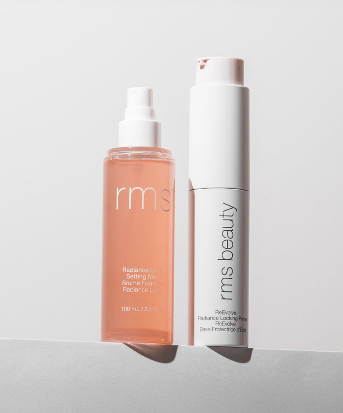 The Prep & Set Duo featuring a clean beauty Radiance Lock Setting Mist in a transparent pink bottle and a white Radiance Locking Primer from RMS Beauty with sustainable packaging.