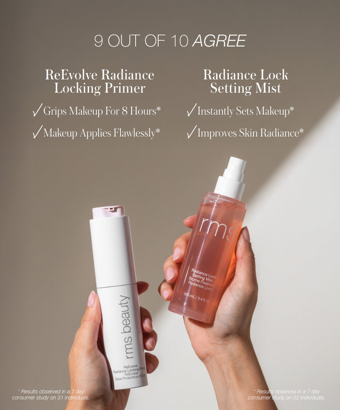 Hands holding RMS Beauty ReRevolve Radiance Locking Primer and Radiance Lock Setting Mist with text highlighting their benefits and a statement that 9 out of 10 agree, representing The Prep & Set Duo packaging and claims.