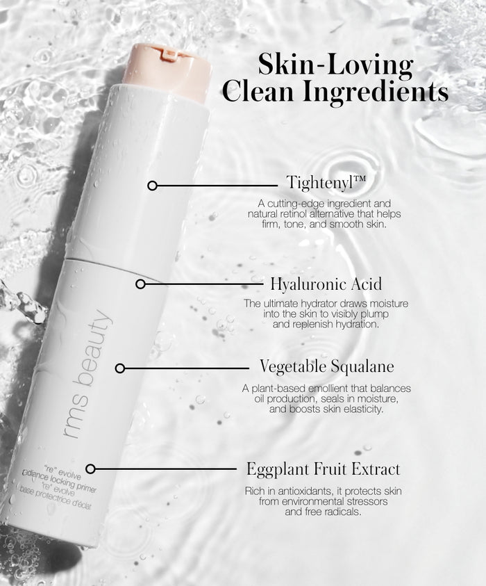 The Prep & Set Duo packaging with text highlighting skin-loving clean ingredients including Tightenyl, Hyaluronic Acid, Vegetable Squalane, and Eggplant Fruit Extract for firm, hydrated, and protected skin.