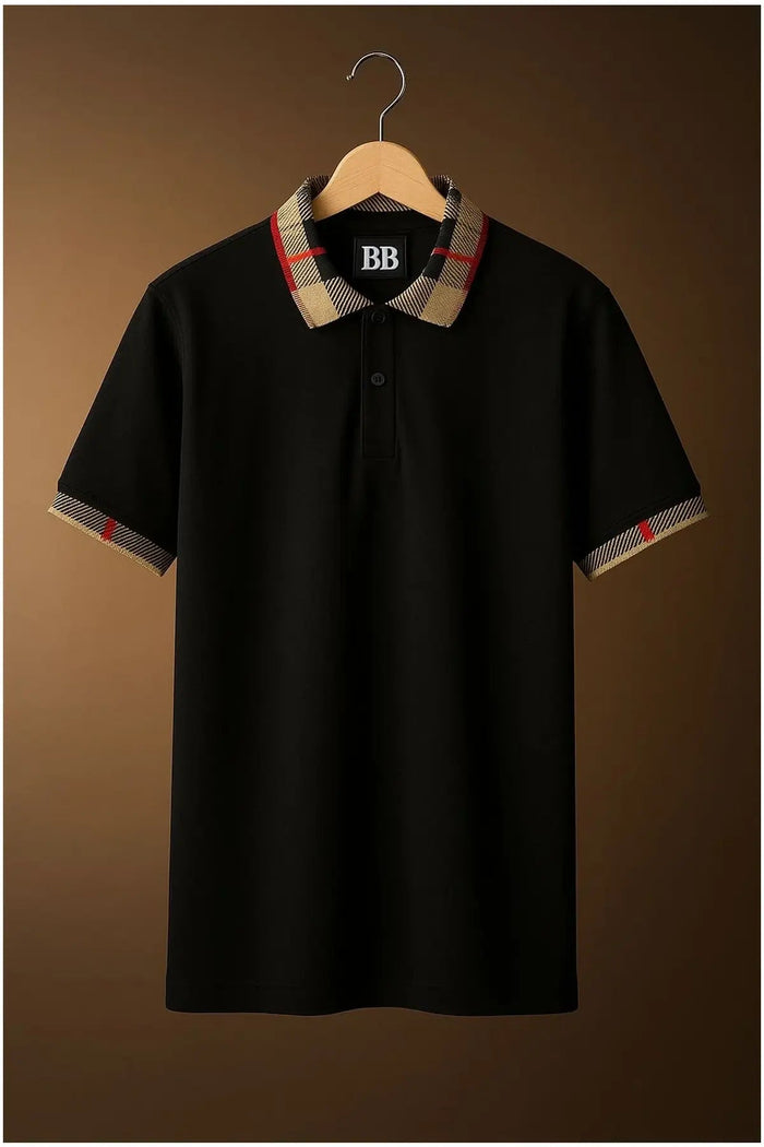 The Regal Check Collar Black Polo Tshirt (Cotton Blend)