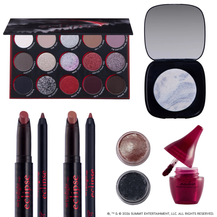 The Twilight Saga Eclipse X ColourPop full collection set featuring a 15-pan Twilight-themed eyeshadow palette, marbled face highlighter, three lip crayons, lip liner, two shimmery gel pots, and berry powder-to-creme lip color arranged on a white background.
