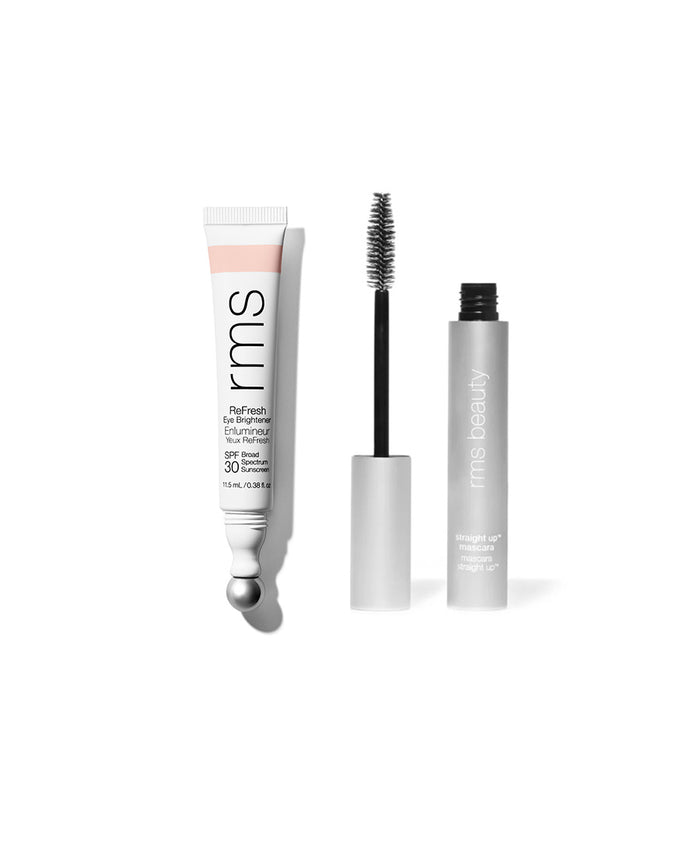 The Wide Awake Duo featuring RMS Beauty ReFresh Eye Brightener with SPF 30 and a silver tube mascara with black bristle wand, showcasing clean beauty and natural ingredients.