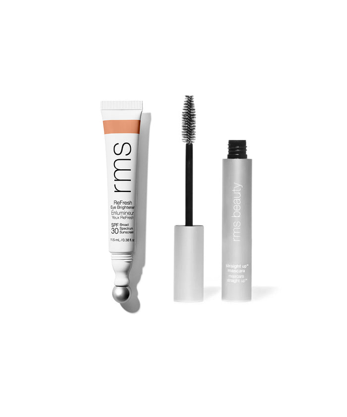 The Wide Awake Duo featuring RMS Beauty eye brightener with SPF 30 in a white tube and black mascara in a silver tube, showcasing clean beauty and natural ingredients.