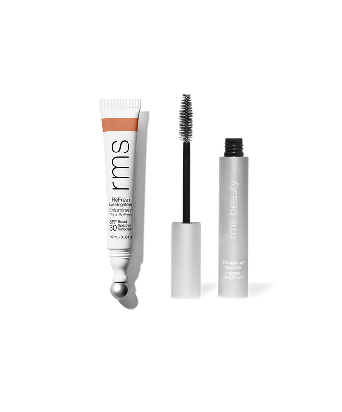 The Wide Awake Duo featuring RMS Beauty eye brightener with SPF 30 and mascara, showcasing clean beauty with natural, cruelty free skincare infused makeup.