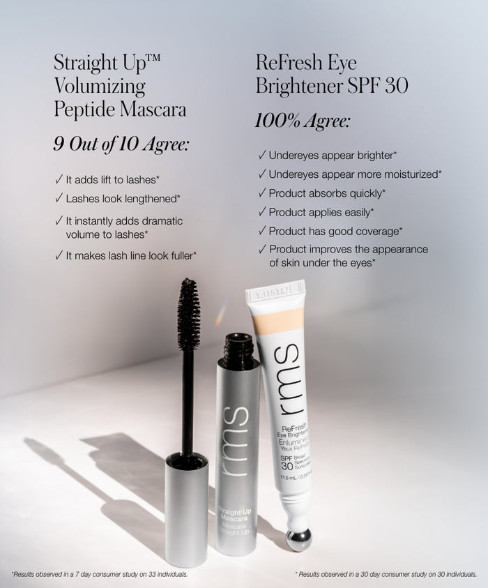 The Wide Awake Duo featuring a volumizing peptide mascara and an eye brightener with SPF 30, both designed with clean, cruelty-free ingredients for natural, radiant eyes.
