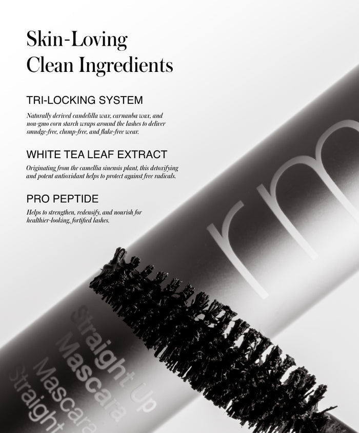 Close-up of a mascara wand highlighting the clean, skin-loving ingredients including a tri-locking system, white tea leaf extract, and pro peptide, promoting healthy lashes in The Wide Awake Duo.