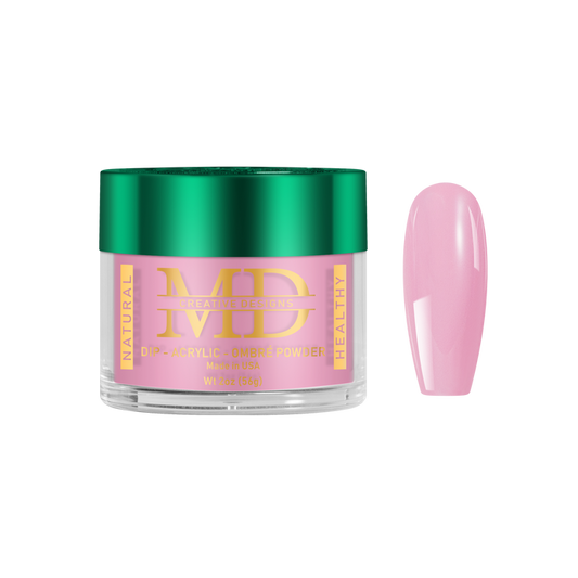 Jar of MD acrylic nail powder with a pink nail tip color swatch on a white background