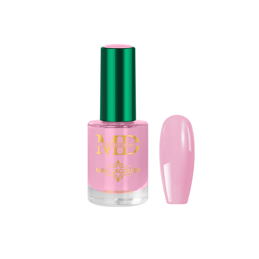 Pink nail polish bottle with green cap on a white background