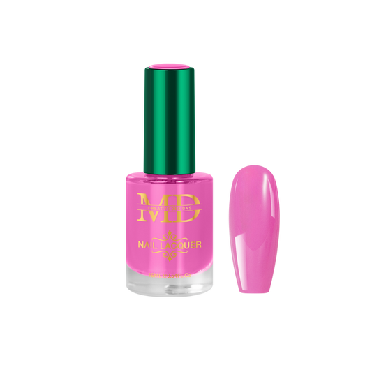 Pink nail polish bottle with green cap on a white background