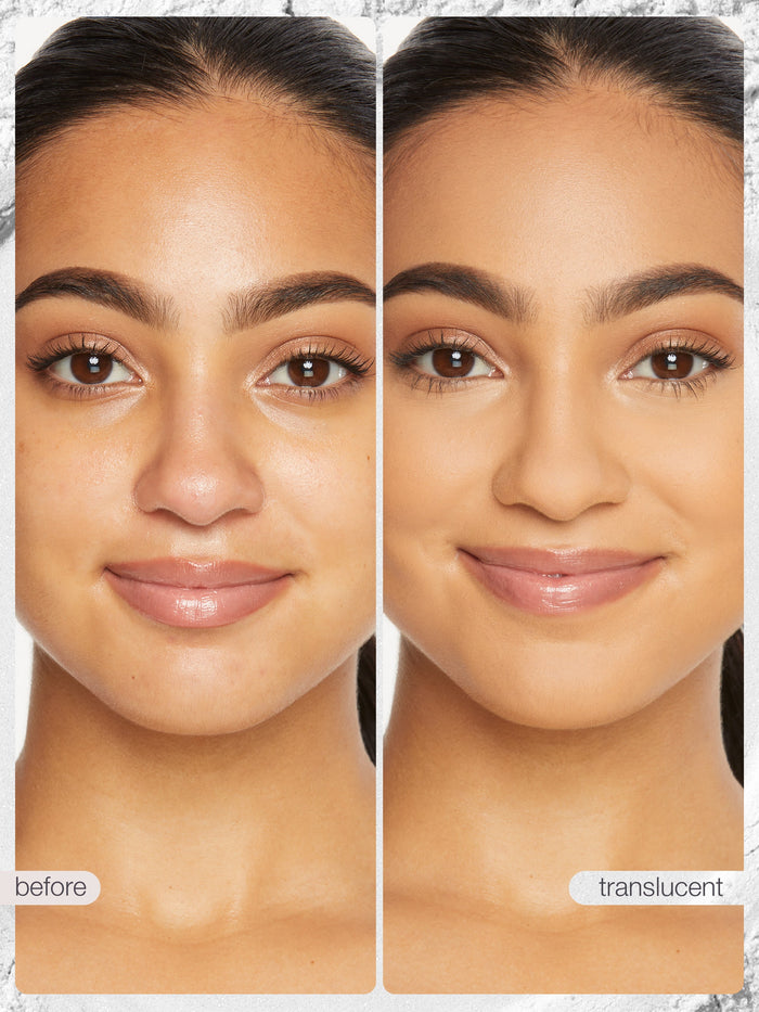 Before and after comparison of a woman's face with makeup application on a marble background.