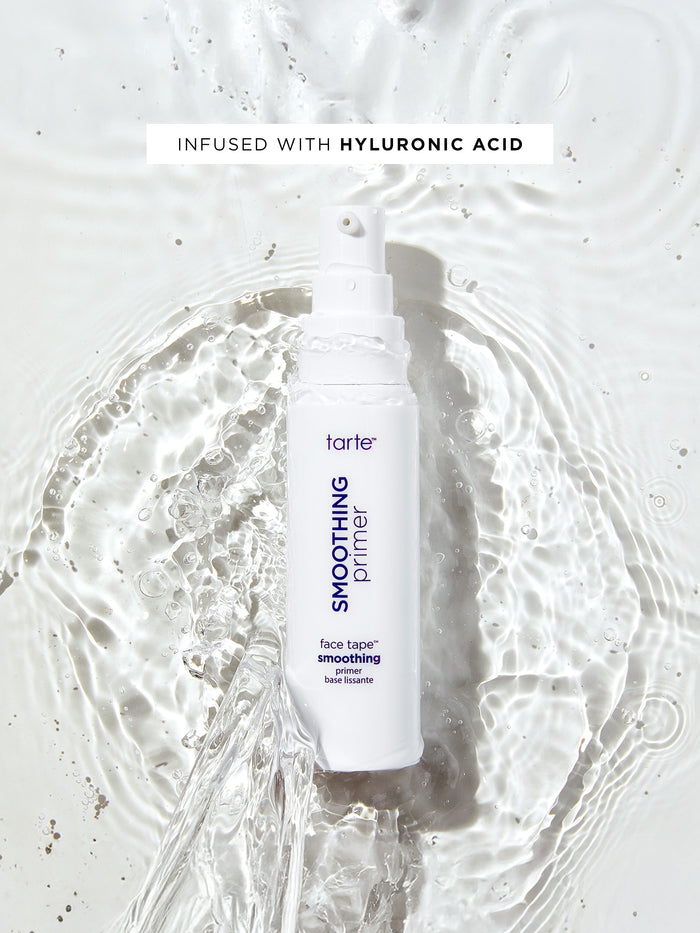 Tarte smoothing primer bottle with hyluronic acid text on a white background