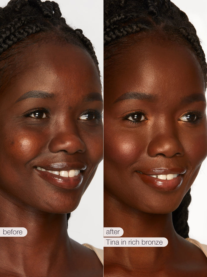 Before and after comparison of a woman's face with 'Tina in rich bronze' makeup.