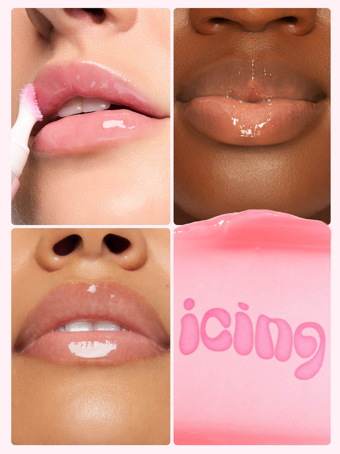 Collage of lips with lip gloss application and a pink product labeled 'icing'.