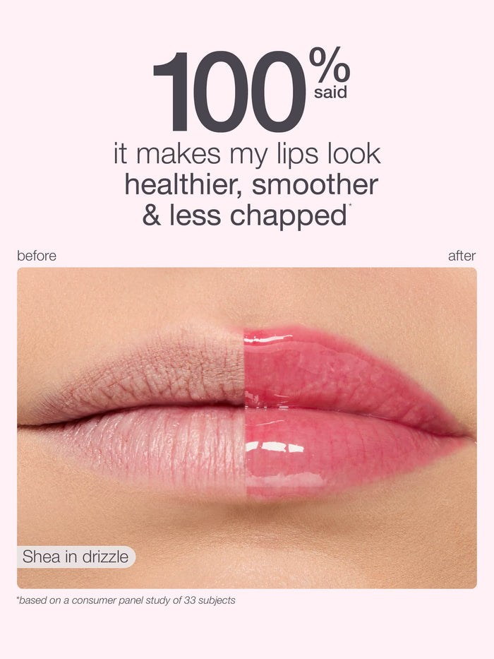 Lips shown before and after application of a lip product with text indicating benefits.