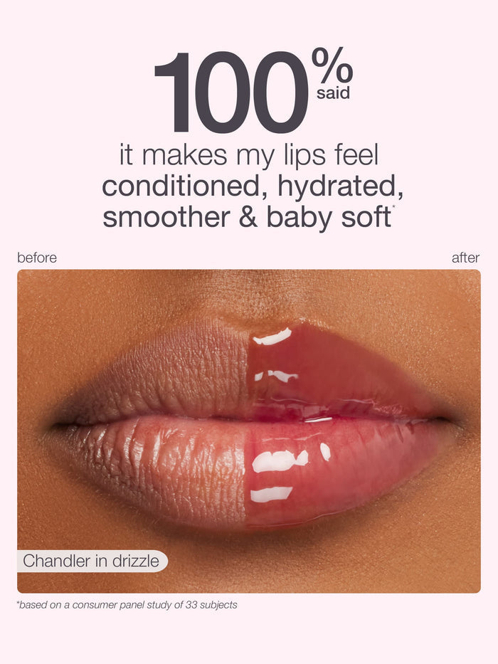 Lip product advertisement showing a before-and-after comparison of lips with a glossy finish.