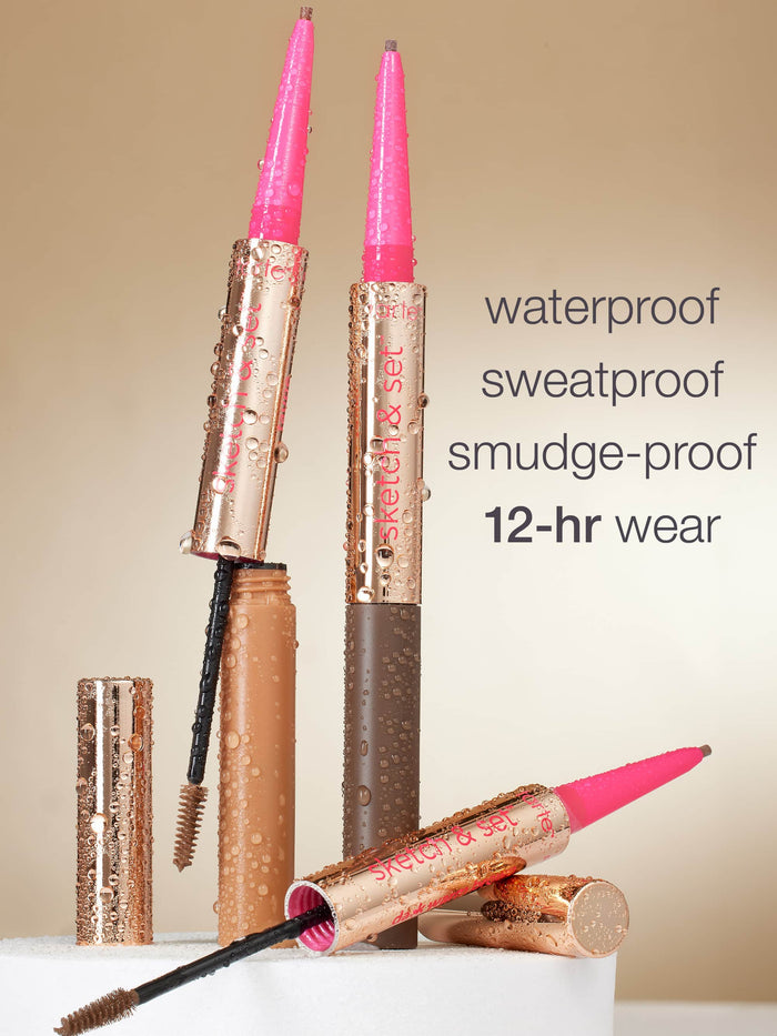 Makeup products with pink tips on a beige background