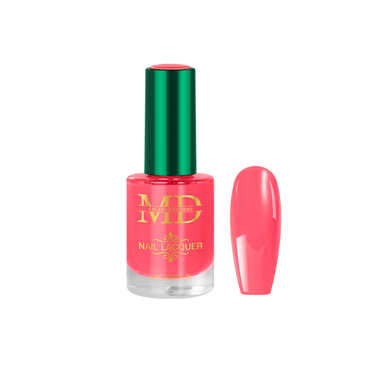 Pink nail polish bottle with green cap and matching pink nail tip color swatch on white background