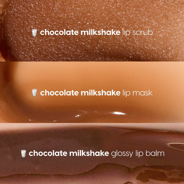 Triple Chocolate Lip Care Kit displaying three Chocolate Milkshake swatches - gritty lip scrub, creamy lip mask, and glossy lip balm - stacked close-ups of chocolate-brown textures with shine, a ColourPop Lip Care Kit for soft, hydrated lips.