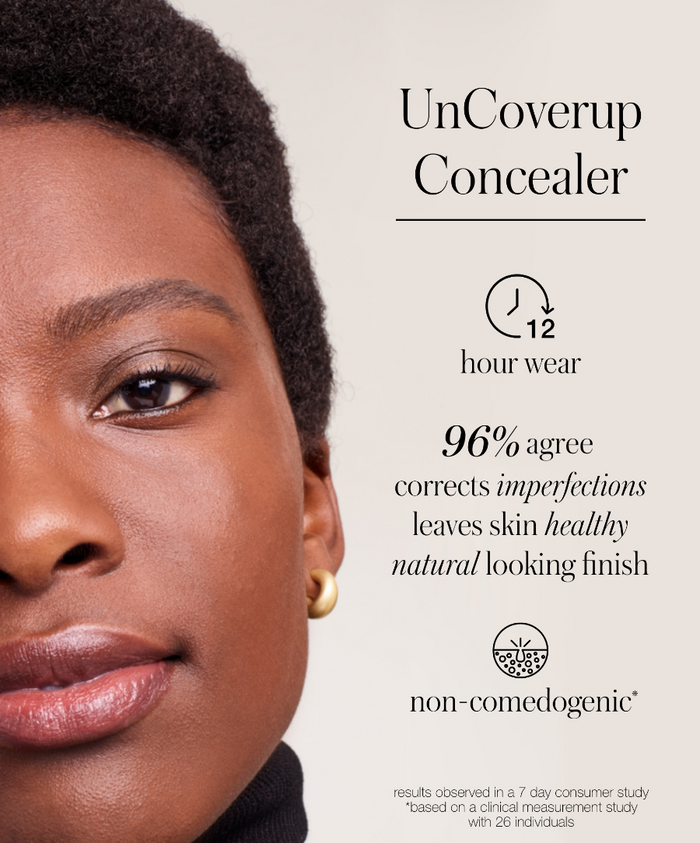 Close-up of a person with smooth skin highlighting the 12-hour wear and non-comedogenic benefits of UnCoverup Concealer, which corrects imperfections and leaves a healthy, natural finish.