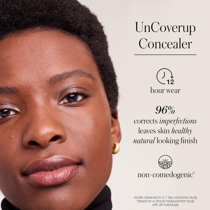 Close-up of a person with smooth, natural-looking skin showcasing the effects of UnCoverup Concealer, highlighting its 12-hour wear, 96% imperfection correction, and non-comedogenic formula.