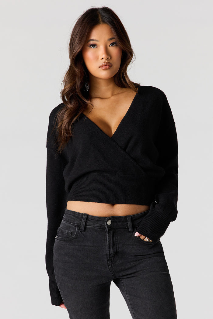 V-Neck Wrap Knit Long Sleeve Top