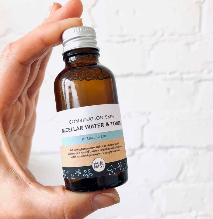 combination skin micellar water and toner wioth witch hazel, lemon and geranium
