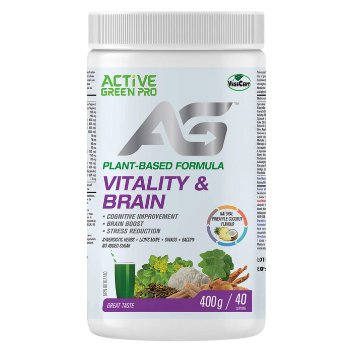Container of Active Greens Pro Vitality & Brain Pineapple Coconut Flavour 400g