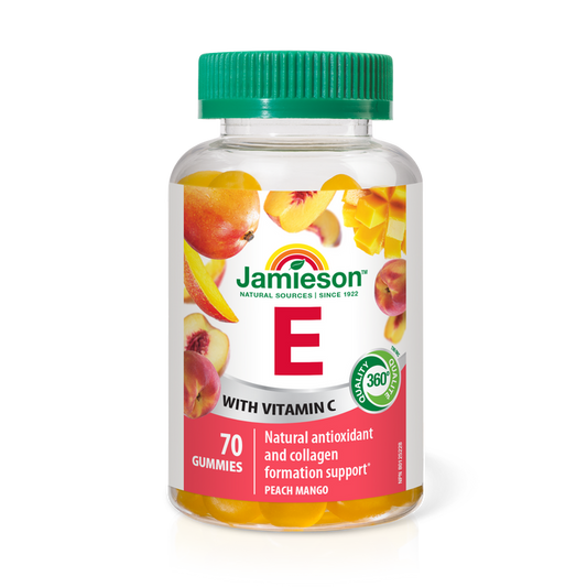 31000109 Jamieson Vitamin E Gummies 100 IU, Peach Mango, 70 ct 31000109_J_GUM_E_300cc_R2045_BTL_MAIN