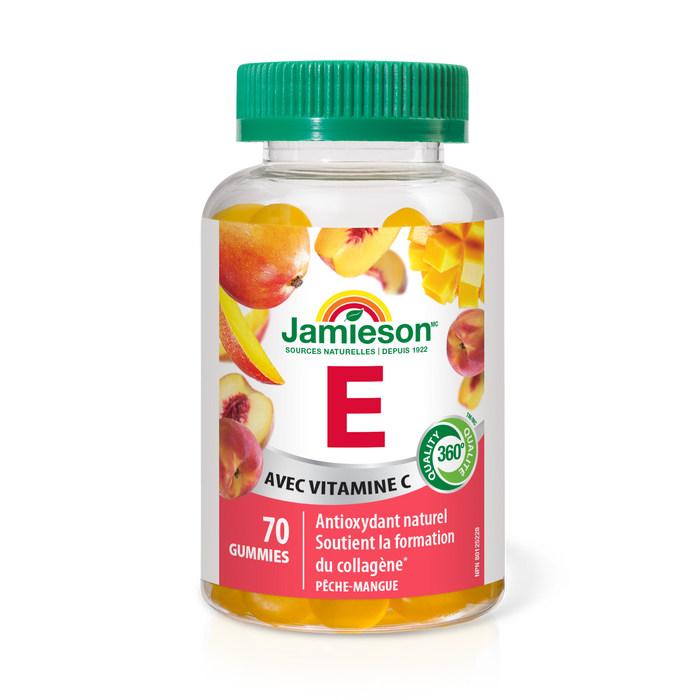 31000109 Jamieson Vitamin E Gummies 100 IU, Peach Mango, 70 ct 31000109_J_GUM_E_300cc_R2045_BTL_MAIN2