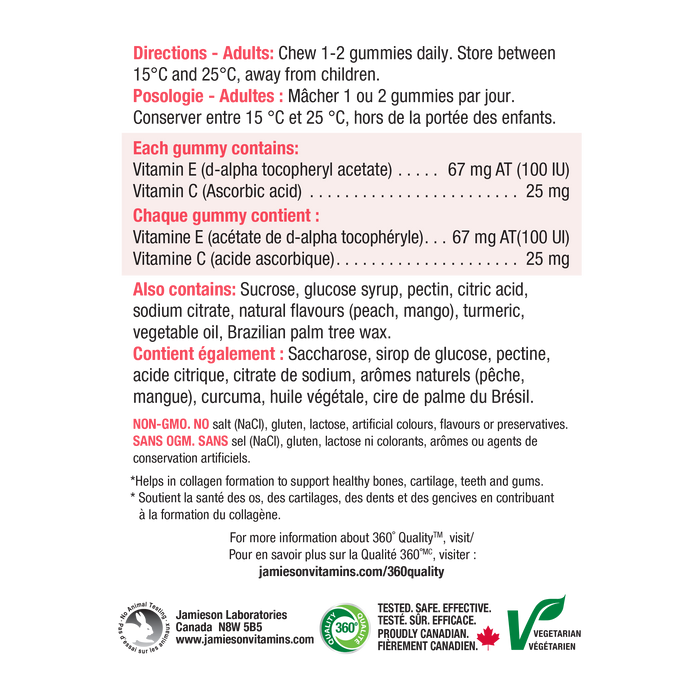 31000109 Jamieson Vitamin E Gummies 100 IU, Peach Mango, 70 ct 31000109_J_GUM_E_300cc_R2045_NFP