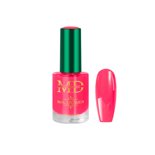 Pink nail polish bottle with green cap on a white background